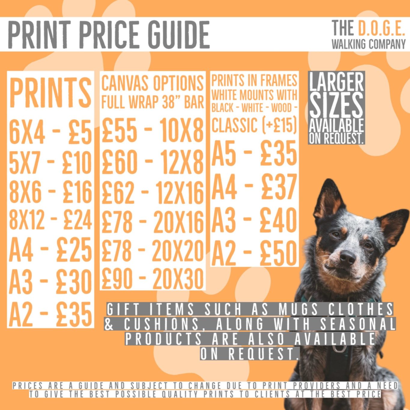 print sizes Price guide for print sizes and options, featuring a dog.