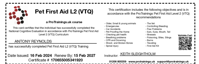 Pet firt aid Certificate indicating completion of a pet first aid course.