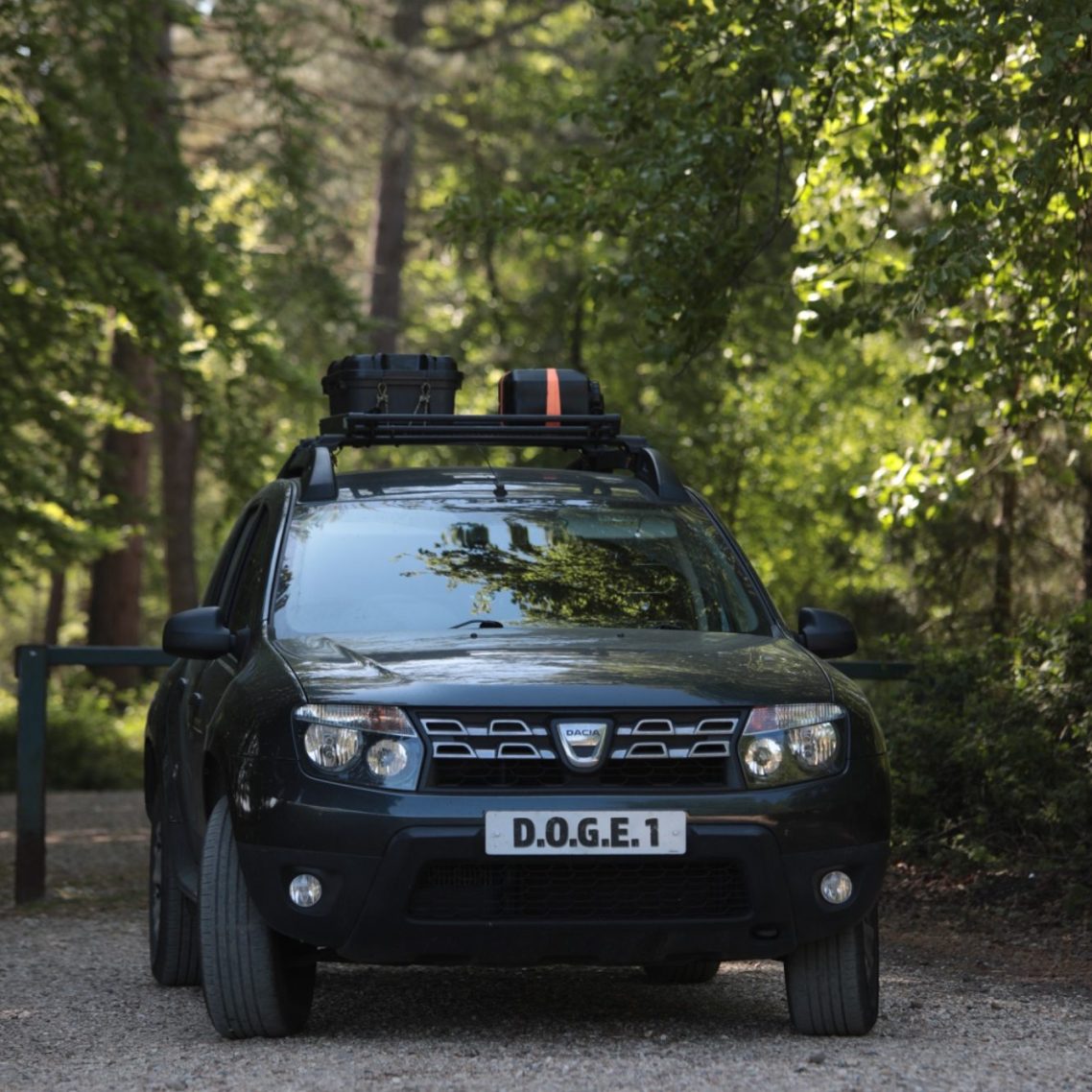 the duster A black SUV parked on a forested path surrounded by greenery.